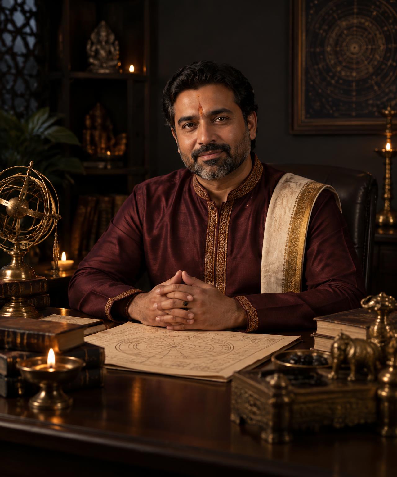 Astrologer Srinivas Acharya explaining a birth chart during a consultation