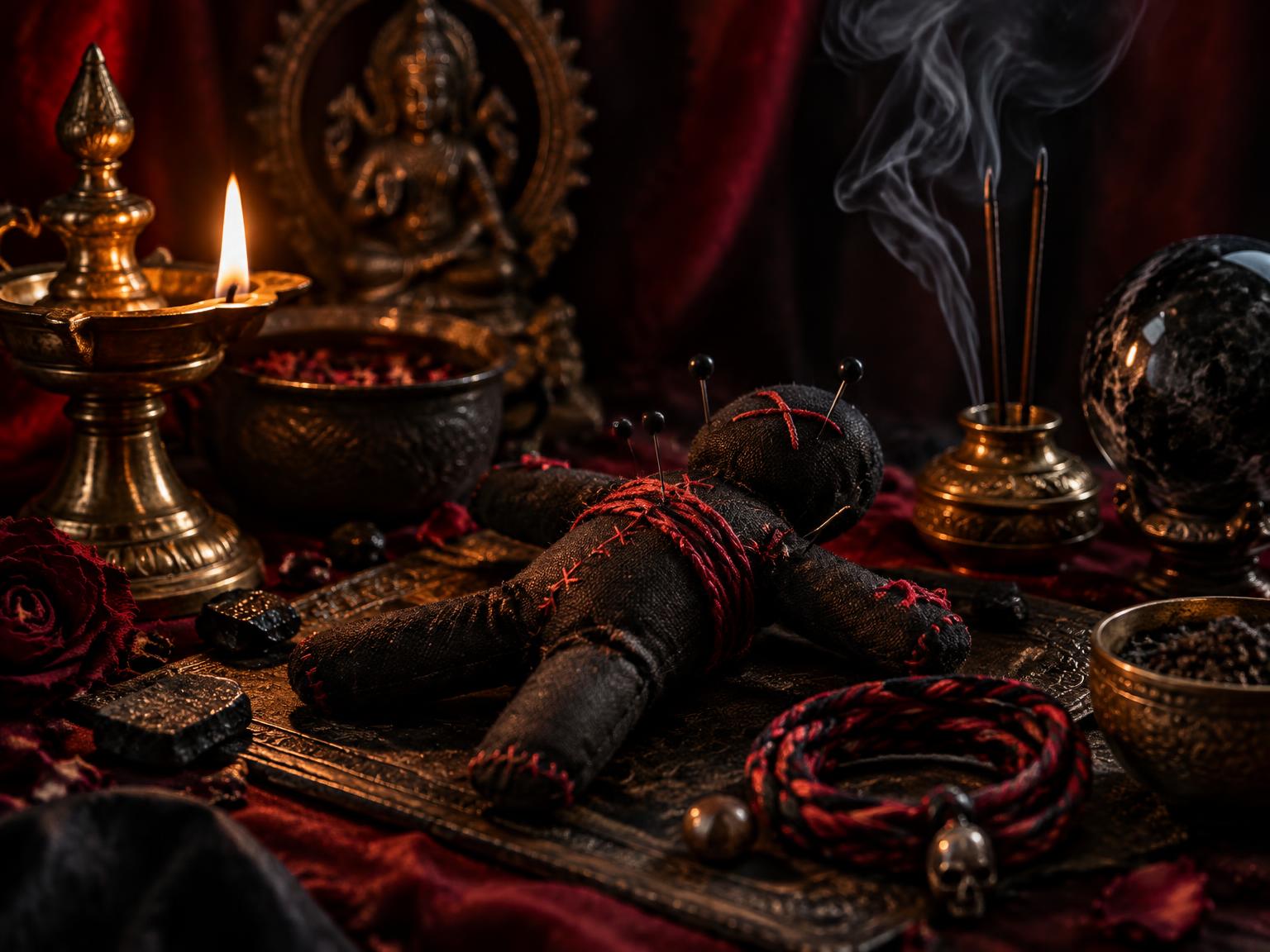 Traditional protective ritual items arranged on a brass plate