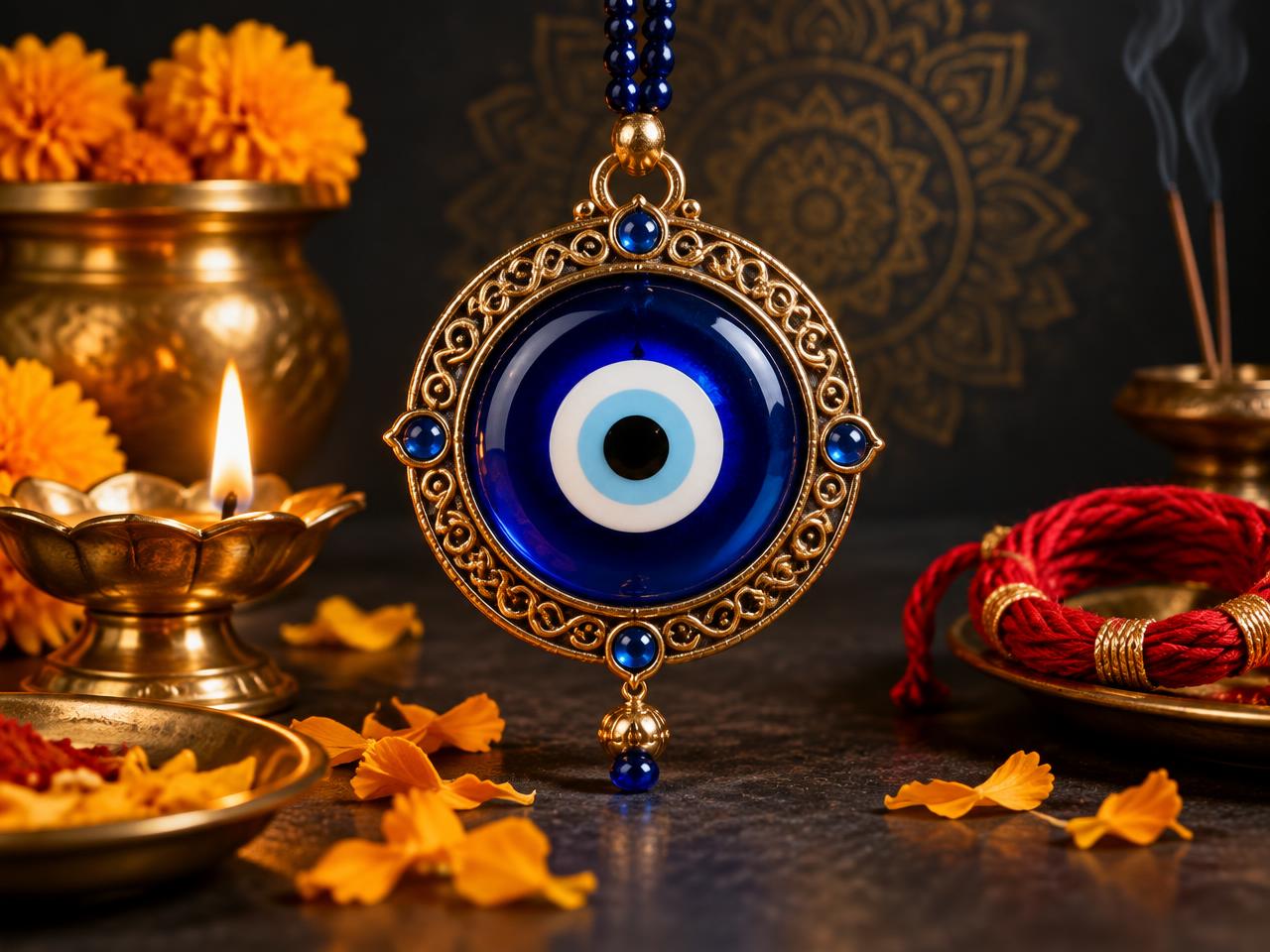 Blue evil eye amulet with lemon and chilli hanging beside a doorway