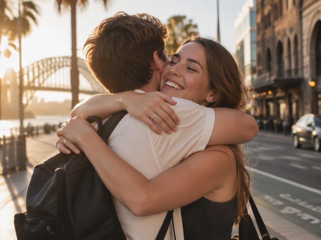 Couple reuniting warmly on a sunlit city street