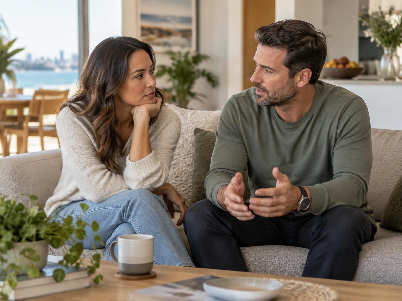 Married couple sitting apart on a sofa in a bright living room