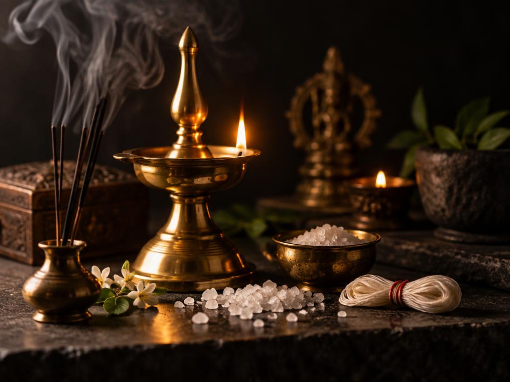 Brass lamp, incense and salt arranged for a traditional cleansing