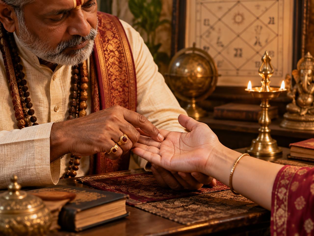 Close-up of a palm reading consultation under warm lamplight